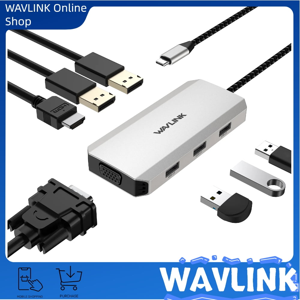 WAVLINK USB C Laptop Docking Station Quad Monitor, 7-IN-1 Multiport Adapter with 4K HDMI, 8K DP1/2, VGA, 3xUSB2.0, For Dell/HP/Lenovo/Thinkpad, Compatible with Mac/Windows/Chrome OS/Linux/Android/iOS