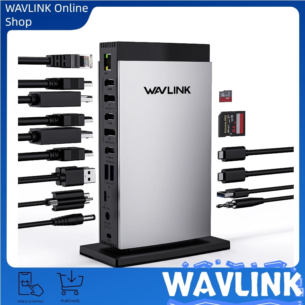 WAVLINK Universal DisplayLink Docking Station, 4K+Dual 2K USB C USB 3.0 Laptop Dock for M1 M2 M3 Mac and Windows, 15 In 1 with 3 HDMI, 2 DP, RJ45, Audio/Mic, SD/TF, 5 USB Ports, 130W AC Power Supply