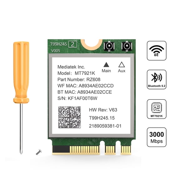 WAVLINK WiFi 6E AX3000 Tri-band Network Card with Bluetooth 5.2 for PC & Laptop - M.2 Key A/E Slot, Windows 11/10 64-bit, 6GHz/5GHz/2.4GHz, Up to 3000Mbps, MU-MIMO, WPA3 Encryption (WL-WN675X2M-B)