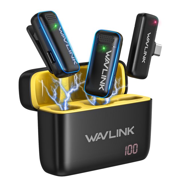 WAVLINK Wireless Mic, Dual Mini Mic with USB Battery Case, Lavalier