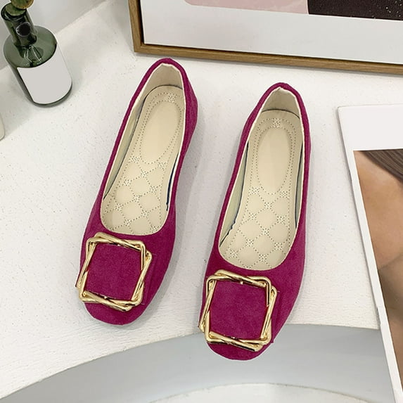 WAVSUF Ballet Flats For Ladies, Wide Width Metal Buckle Round Toe Daily Dressy Shoes Wine 7.5