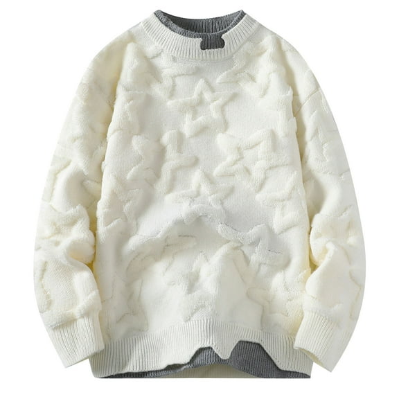 WAVSUF Big & Tall Mens Sweater Winter Long Sleeves Sweaters Crew Neck Solid Color Printed Sweatshirt Top White Size XL