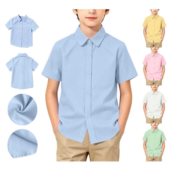 WAVSUF Boys Button Down Shirt, Classic Fit Collar Neck Short Sleeve Summer Basic Cotton Top White 2
