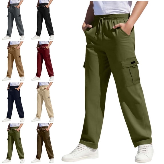 WAVSUF Boys Cargo Pants Straight Fit with Pockets Elastic Waist Spring Fall Casual Trousers Red 7-8
