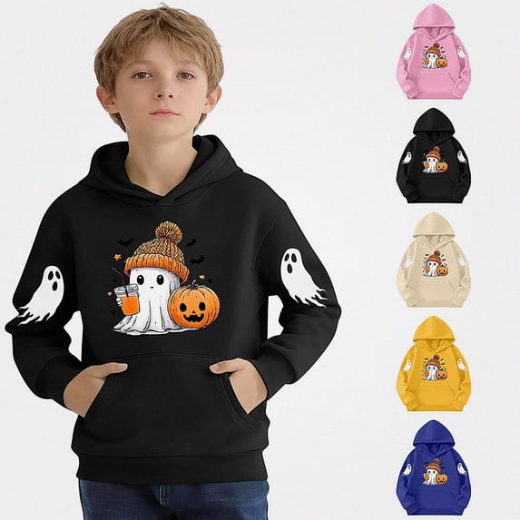 WAVSUF Boys Hooded Sweatshirts, Long Sleeve with Pockets Graphic Print Fall Cute Casual Halloween Shirt Black 7-8
