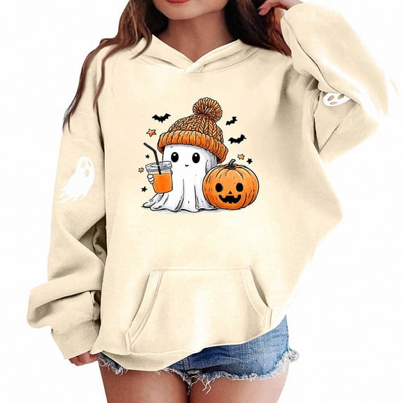 WAVSUF Boys Hooded Sweatshirts, with Pockets Long Sleeve Graphic Print Fall Cute Casual Halloween Shirt Brown 9