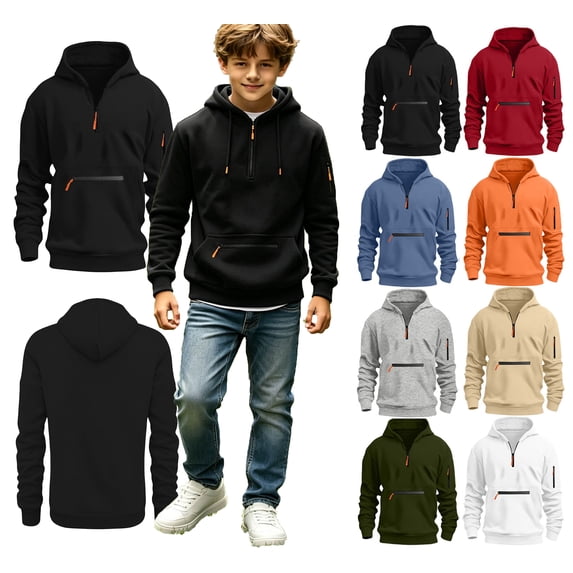 WAVSUF Boys Cargo Hoodie Loose Fit Long Sleeve with Pockets Fall Casual Sweatshirt Black 7-8