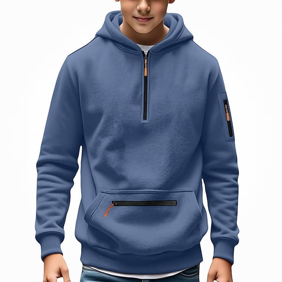 WAVSUF Boys Cargo Hoodie Loose Fit with Pockets Long Sleeve Fall Casual Sweatshirt Blue 7-8