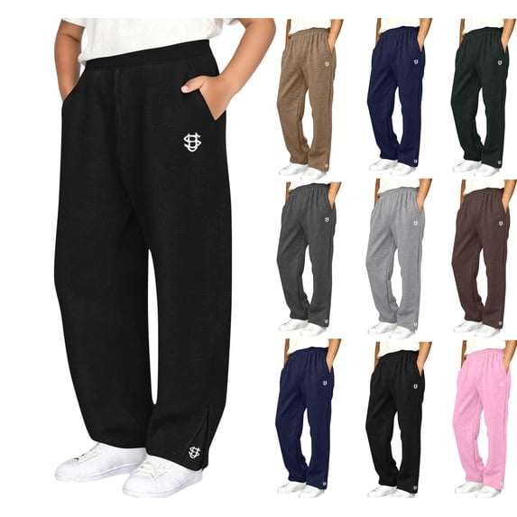 WAVSUF Boys Jogger Sweatpants with Pockets Elastic Waist Straight Fit Fall Winter Active Pants Black 10-12