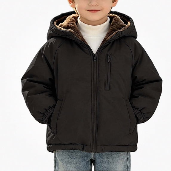 WAVSUF Boys Padded Jacket Hooded Zipper Soft Fleece Long Sleeve Winter Daily Casual Coat Black 2T