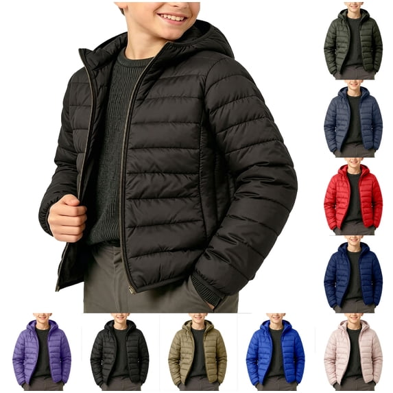 WAVSUF Boys Quilted Hooded Jacket, Loose Fit Lightweight Long Sleeve Winter Warm Casual Coat Green 14-16