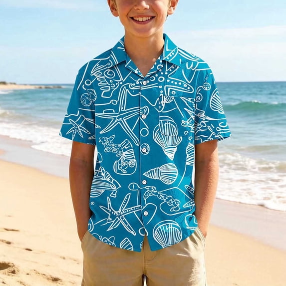 WAVSUF Boys Short Sleeve Shirt Cartoon Print with Pockets Classic Fit Summer Casual Tropical Shirt Multicolor Size 8