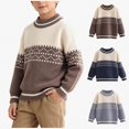 thumbnail image 1 of WAVSUF Boys Sweater, Loose Fit Round Neck Striped Printed Winter Warm Trendy Pullover Brown 7-8, 1 of 9