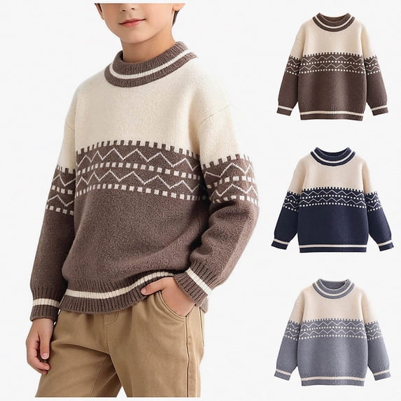 WAVSUF Boys Sweater, Loose Fit Round Neck Striped Printed Winter Warm Trendy Pullover Brown 7-8