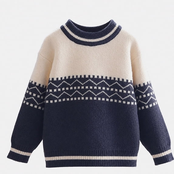 WAVSUF Boys Sweater, Round Neck Striped Printed Loose Fit Winter Warm Trendy Pullover Blue 7-8