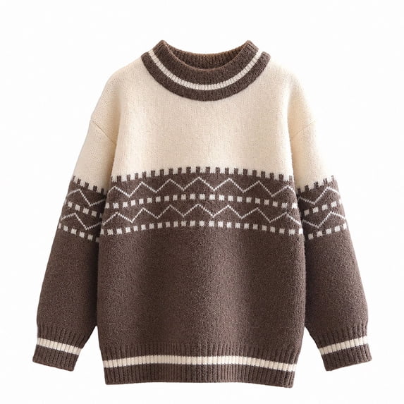 WAVSUF Boys Sweater, Striped Printed Round Neck Loose Fit Winter Warm Trendy Pullover Brown 5