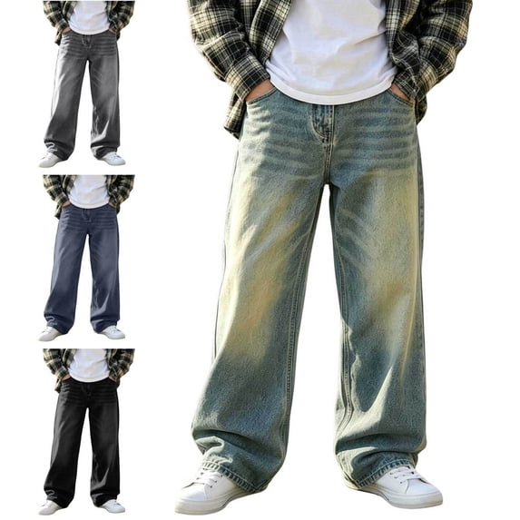 WAVSUF Boys Wide Leg Jeans Streetwear Style with Pockets Loose Fit Summer Casual Denim Pants Light Blue 14-16