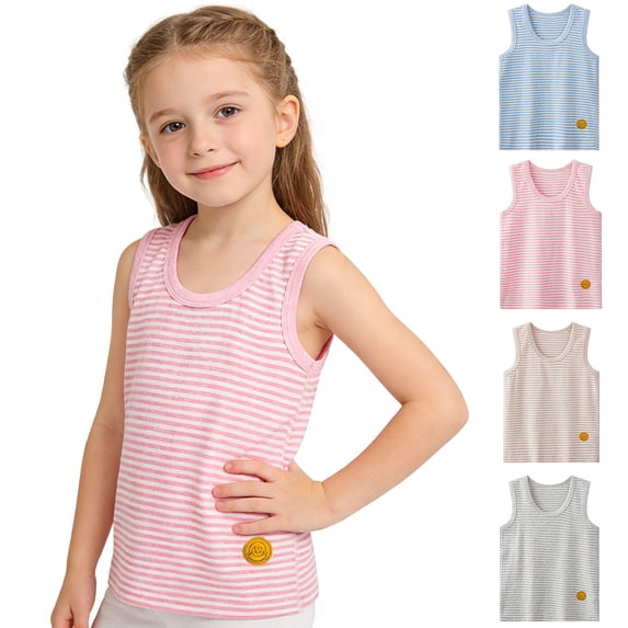 WAVSUF Cami Tank Top for Girls Round Neck Striped Print Sleeveless Summer Trendy Cute Tee Gray Size 3