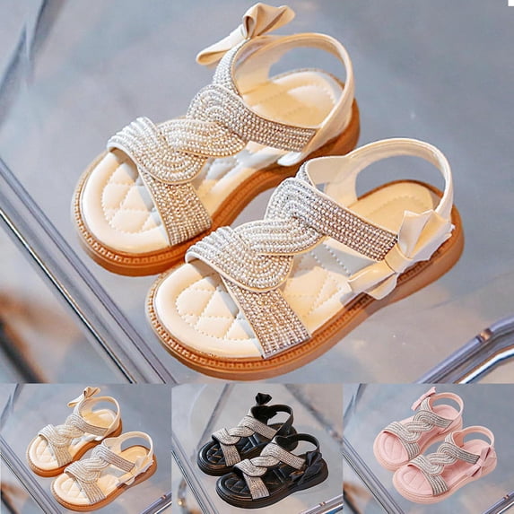 WAVSUF Casual Sandals for Kids Girls Open Toe Rhinestone Inlay Lightweight Summer Outdoor Walking Flats Beige Size 2.5 Big Girls
