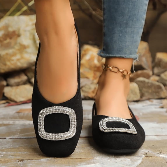 WAVSUF Fashionable Ballet Flat For Ladies, Round Toe Rhinestone Embellishments Wide Width Comfortable Office Shoes Black 8.5
