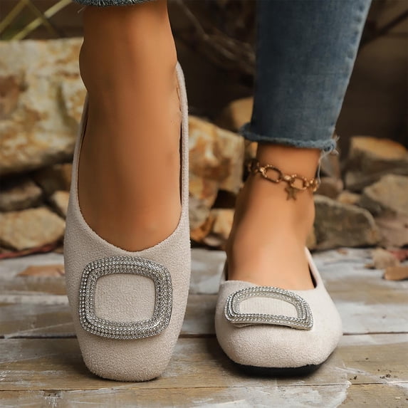 WAVSUF Fashionable Ballet Flat For Ladies, Round Toe Rhinestone Embellishments Wide Width Comfortable Office Shoes Beige 9.5