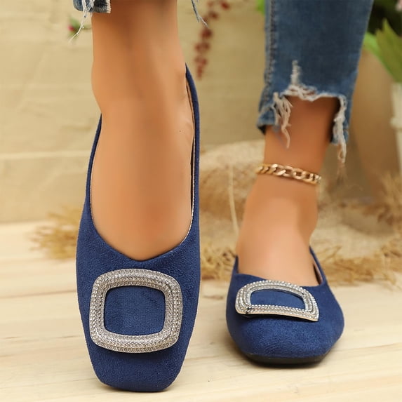 WAVSUF Fashionable Ballet Flat For Ladies, Wide Width Rhinestone Embellishments Round Toe Comfortable Office Shoes Blue Size 37