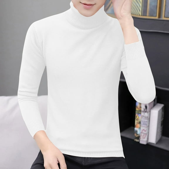 WAVSUF Fitting Sweater for Mens Winter Sweaters Leisure Long Sleeves Solid Color High Neck Undershirt Sweatshirt Top White Size L