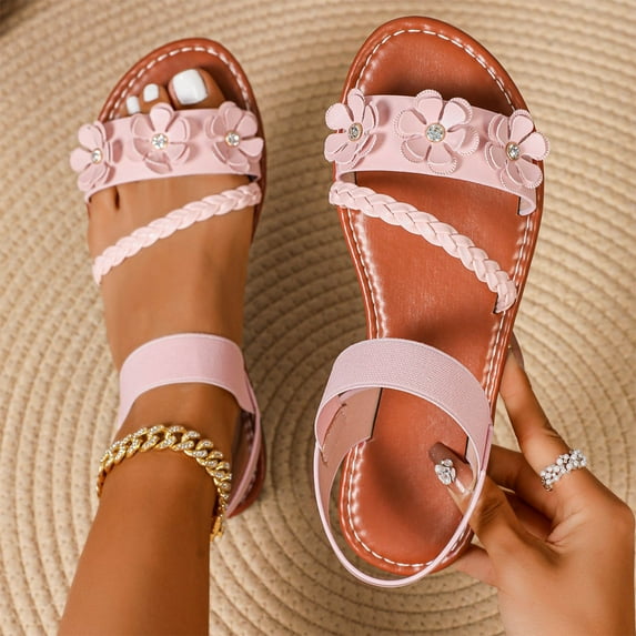 WAVSUF Flat Sandals for Women, Open Toe Increased Flower Anti Slip Casual Dressy Shoes Pink 9
