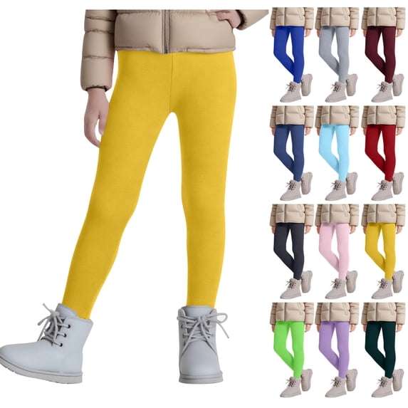 WAVSUF Fleece Leggings for Girls Elastic Waist Skinny Fit Straight Fit Fall Warm Soft Pants Yellow 9