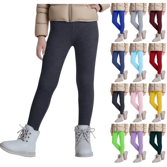 WAVSUF Fleece Leggings for Girls Elastic Waist Straight Fit Skinny Fit Fall Warm Soft Pants Gray 10-12