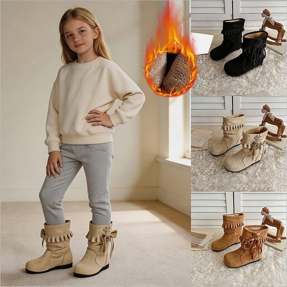 WAVSUF Fleece Mid Calf Boots for Girls Lace Up Wide Width Soft Comfort Fall Cute Daily Boots Beige Size 10