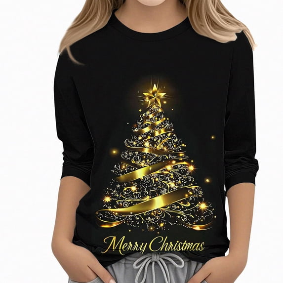 WAVSUF Girls 3/4 Sleeve Christmas Shirt Loose Fit Soft Stretch Crew Neck Fall Holiday Tee 4