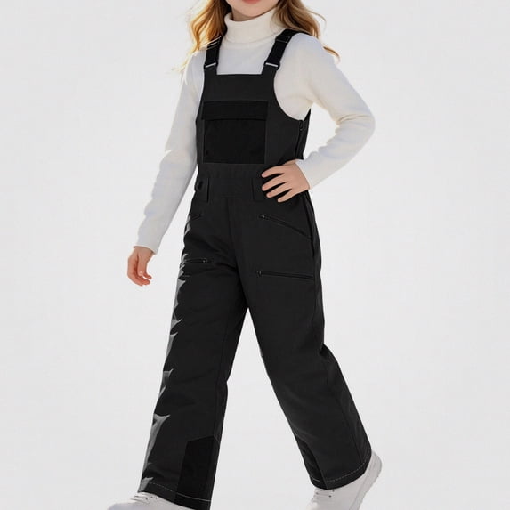 WAVSUF Girls Boys Snow Ski Overalls Multi Pockets Insulated Puffer Down Ripstop Snowboarding Winter Pants Black 4