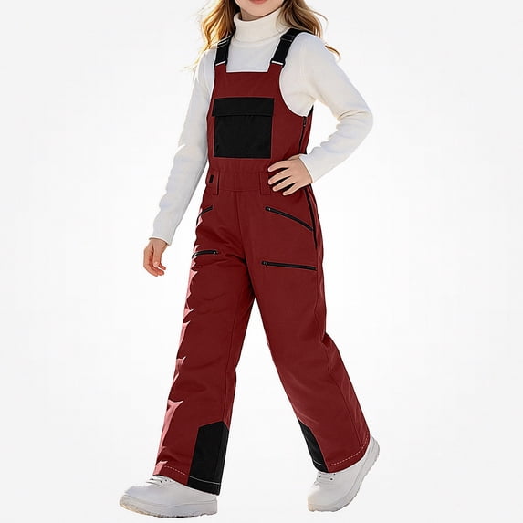 WAVSUF Girls Boys Snow Ski Overalls Multi Pockets Puffer Down Insulated Ripstop Snowboarding Winter Pants Red 6