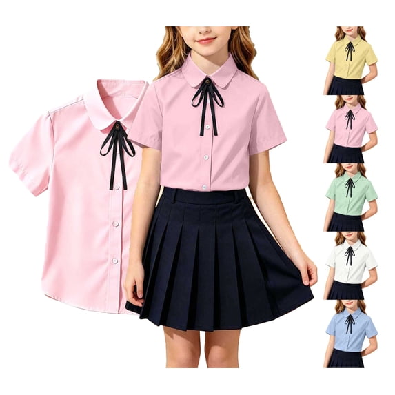 WAVSUF Girls Button Down Shirt, with Tie Short Sleeve Classic Fit Summer Cotton School Uniform Collar Shirts White 3