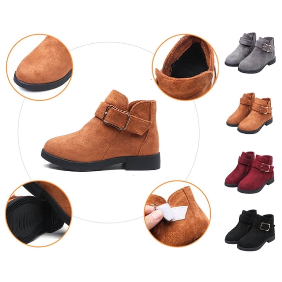 WAVSUF Girls Chunky Ankle Boots Anti Slip Soft Sole Buckle Strap Fall Princess Boots Gray 13.5 Little Kid