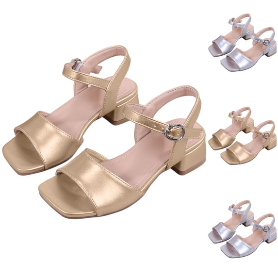 WAVSUF Girls Chunky Sandals Adjustable Buckle One Strap Square Toe Kids Summer Casual Dressy Flats Gold Size 1 Big Girls
