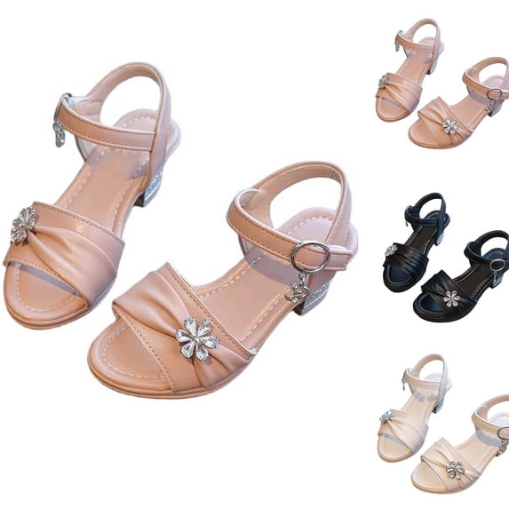 WAVSUF Girls Chunky Sandals Round Toe Spring Summer Casual Rhinestone Flower Inlay Breathable Outdoor Vacation Shoes Beige Size 13.5 Little Girls
