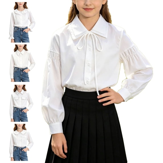WAVSUF Girls Collar Button Down Shirt, Long Sleeve Lightweight Ruffle Hem Back to School Cotton Shirt White 8