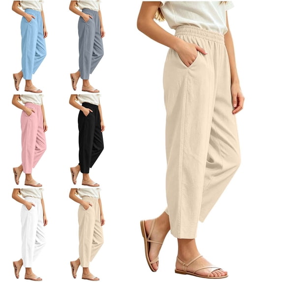 WAVSUF Girls Cotton Linen Pants, Elastic Waist Side Pockets Straight Leg Fall Daily Trousers Gray 7-8