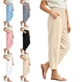 thumbnail image 1 of WAVSUF Girls Cotton Linen Pants, Straight Leg Side Pockets Elastic Waist Fall Daily Trousers Beige 7-8, 1 of 10