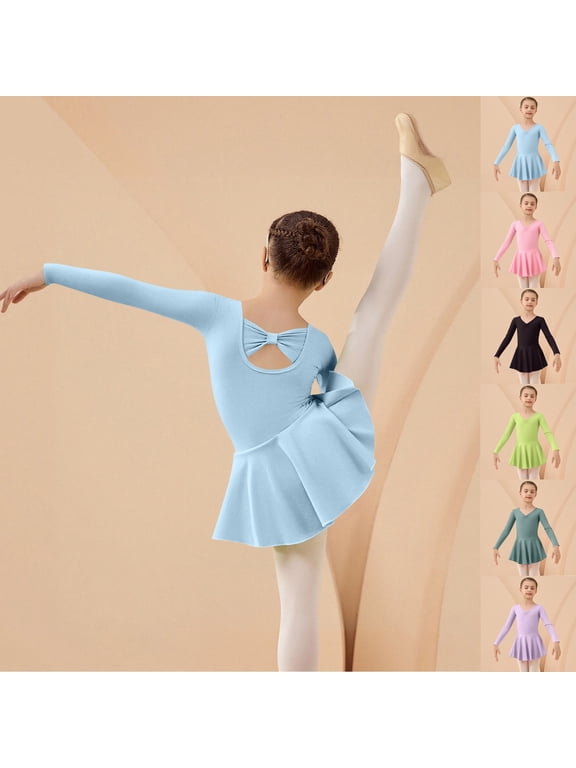 Girls Dance Dress V Neck Long Sleeve Skinny Fit Ballet Practice Cotton Dress Green 3