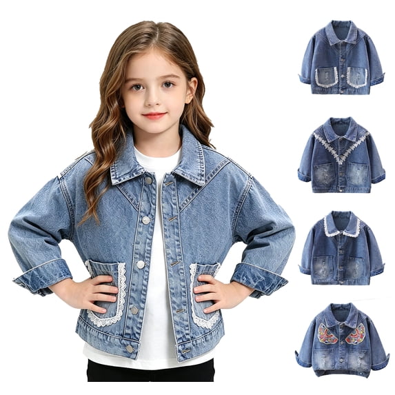 WAVSUF Girls Denim Jacket with Pockets Loose Fit Long Sleeve Fall Warm Trendy Jean Coat Blue 7-8