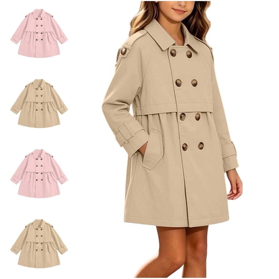 WAVSUF Girls Double Trench Coat, with Pockets Mid Length Windbreaker Fall Trendy Casual Coat Pink 7-8