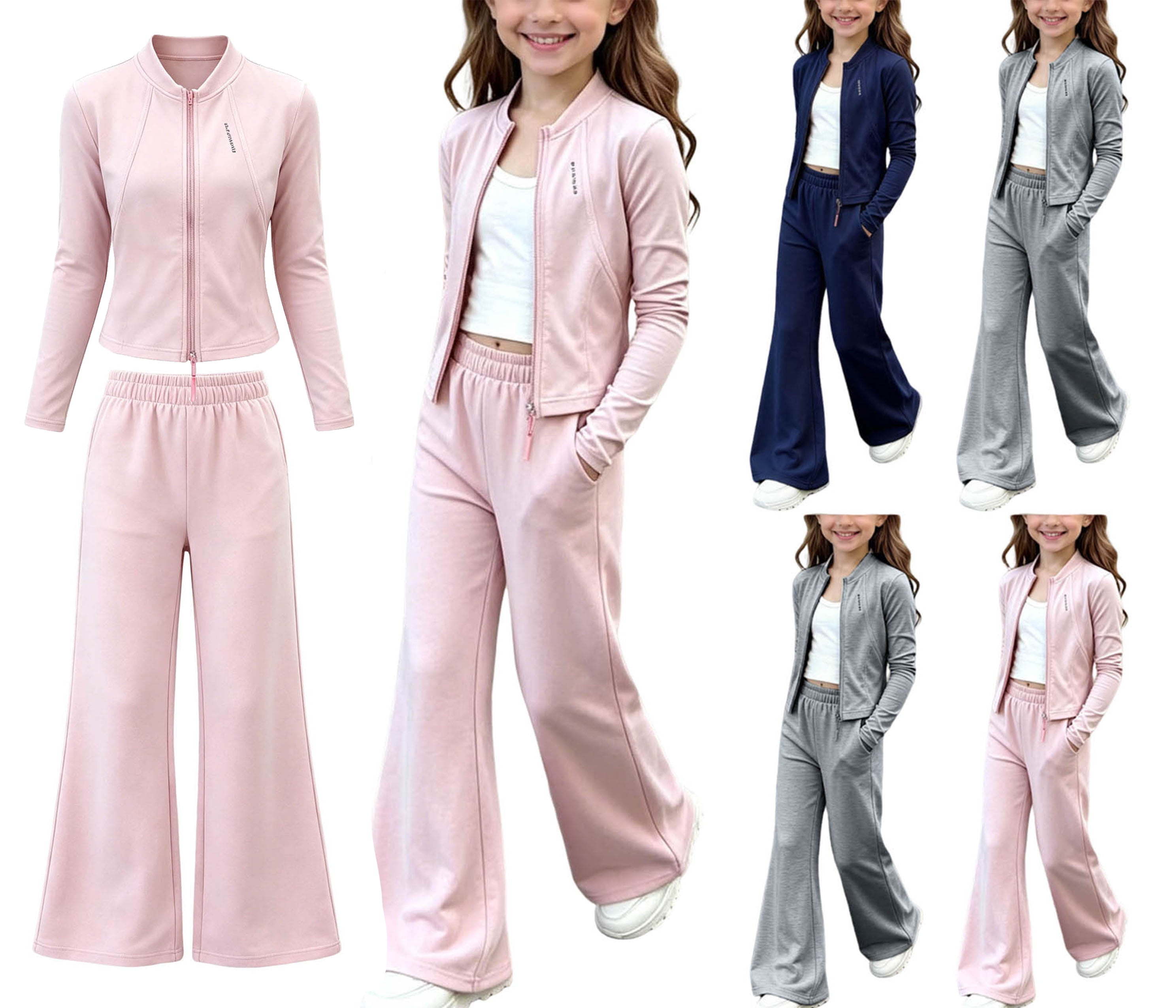 Girls Fall Outfit Sets Long Sleeve Zip Up Jacket and Flare Yoga Pants Casual Sport Clothes 2 Piece Pink 10-12