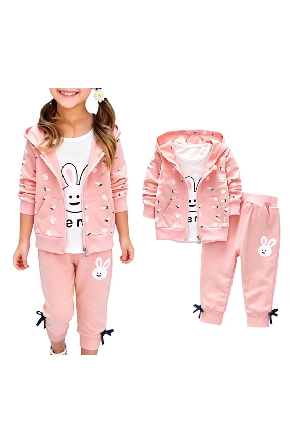 Girls Fall Outfits 3 Piece Elastic Waist Zip Up Hooded Jacket,Undershirts and Pants Fall Cute Soft Sets Pink 4t