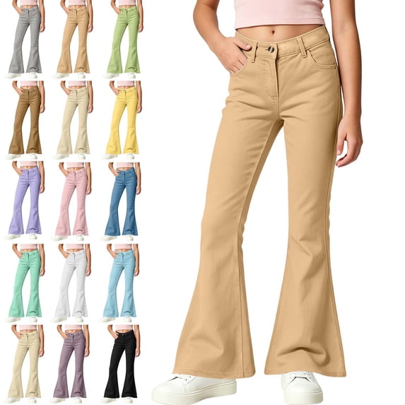 WAVSUF Girls Flare Jeans Elastic Waist Comfortable Skinny Fit Fall Trendy Daily Pants Brown 7-8