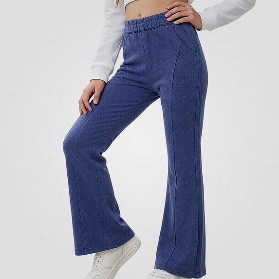WAVSUF Girls Flare Pants Elastic High Waist Stretchy Side Pockets Fall Dance Casual Bottoms Blue 10-12