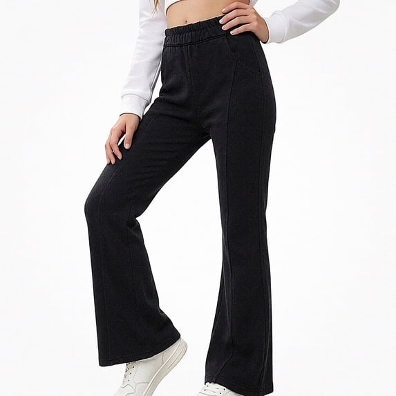 WAVSUF Girls Flare Pants Stretchy Side Pockets Elastic High Waist Fall Dance Casual Bottoms Black 7-8