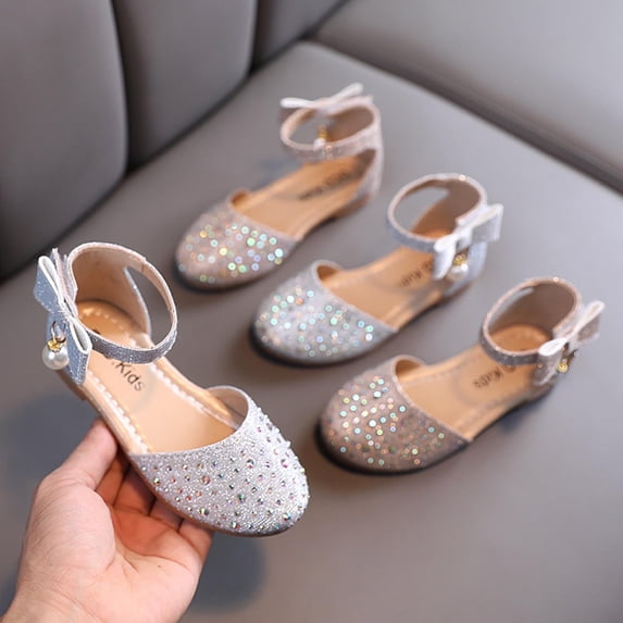WAVSUF Girls Flat Dress Shoes Pointed Toe Rhinestone Inlay Cute BowKnot Summer Formal Party Sandals Silver Size 1 Big Girls